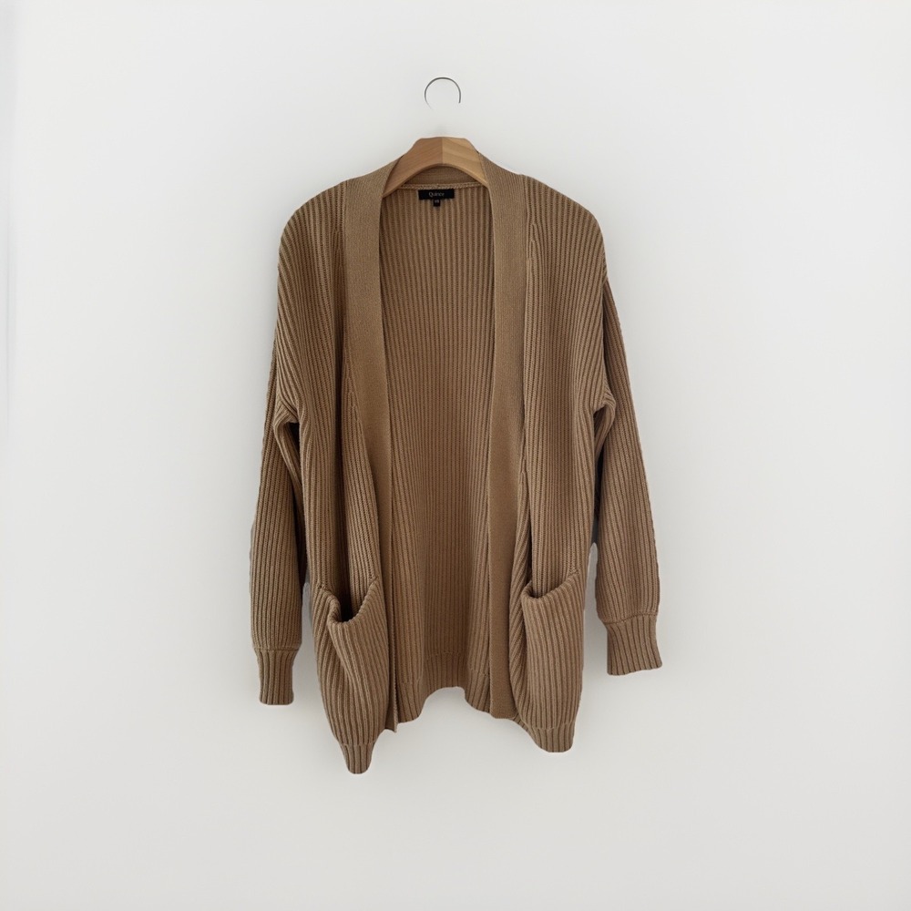 Quince Florence Sweater XS Tan Camel Organic Cotton Open Front Cardigan Ribbed